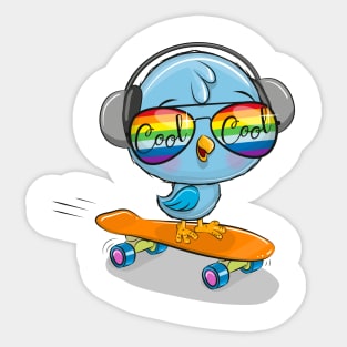 Cute bird on a skateboard in sunglasses and headphones. Sticker